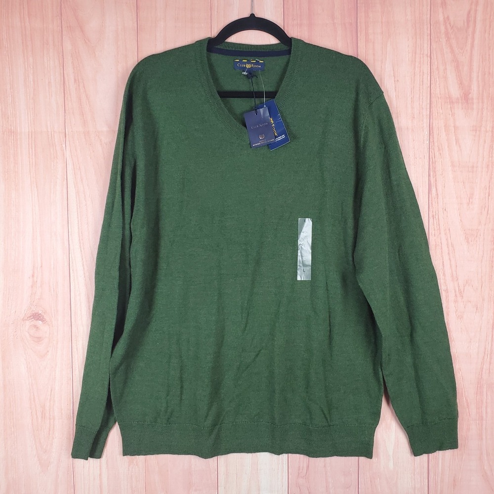 Club Room Mens Sweater Large Green Merino Wool Blend V-Neck Long Sleeve Pullover
